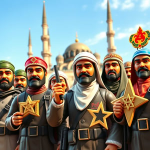 Realistic, 3D rendering of a group of Muslim action figures, inspired by GI Joe, with diverse facial expressions, wearing traditional Islamic attire, holding various Islamic symbols, with a majestic mosque in the background, 1920*1080