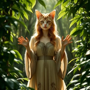 A lifelike catgirl hybrid stands amidst the serene forest's depths, her radiant aura drawing attention to her alluring presence. Framed by a canopy of lush greenery, she wears a flowing nature-inspired tunic that complements her fluffy fur, with subtle feline claws adorning her hands. Her eyes aglow with whimsy and mischief, she seems to be savoring the tranquility of her surroundings.