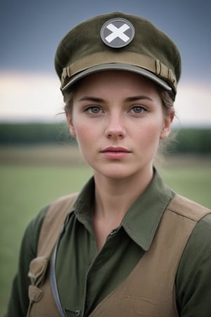 A young woman , cute and sexy. A battle-hardened medic stands ready at a field station during a wartime mission, fully equipped with his med kit, bandages rolled tightly and syringes prepared. His unflinching eyes stare straight into the lens of the camera, conveying both the determination to save lives amidst the chaos of conflict and the empathy for those who have been wounded in combat. The medic's life is defined by two conflicting desires: a commitment to his fellow soldiers and a need to preserve their humanity in even the darkest times.