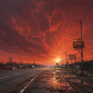 In the realm of service areas, few are as captivating as this eerie scene set on the highway to hell. The painting depicts an ominous red sky casting a menacing glow over a deserted service area, where flickering fluorescent lights add to the unsettling ambiance. Rusty metal structures and fading signs indicate a sense of decay and abandonment, while the highway stretches ominously towards a fiery horizon. This artwork masterfully captures the chilling and foreboding essence of such a location, immersing viewers in its unsettling atmosphere.