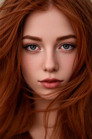 Close-up portrait of a young woman with red hair, 1400*1000, Irish genes, hair blown by the wind, marvelous eyes, freckled skin, inspired by Mary Elizabeth Price, red-toned mist, photorealistic, HDR photograph, ancient Irish atmosphere, unusually unique beauty, shot with Canon 5D Mark II, reminiscent of Tom Chambers and Jinsung Lim's photography style.