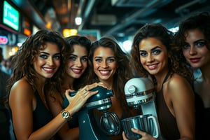 In a secret underground city at night, a group of confident young European women with fair skin, curly brown hair, and bright hazel eyes gather in a trendy, modern environment. Each woman exudes charisma and energy, with big smiles and dynamic poses. The scene is centered, with a shallow depth of field and blurred city lights in the background, creating a warm, vibrant atmosphere. One woman, wearing a Versace watch, hands a KitchenAid mixer to another, their expressions a mix of excitement and curiosity. The lighting is dramatic and moody, with ambient lights casting soft shadows and highlights on their faces. The scene is framed with a 9.5mm film aesthetic, featuring saturated color grading and a touch of film grain, evoking a style reminiscent of David Lynch's cinematography.