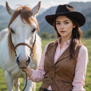 A close-up eye-level shot of a young woman, donning a cowboy hat and brown fur vest, stands next to a majestic white horse with light brown spotted mane. Her dark hair, parted down the middle, flows into a sleek ponytail. She wears a pink shirt tucked into her brown fur vest, complementing her black cowboy hat. Her right hand holds a rope, while her left rests on her hip. The serene backdrop features a lush grassy field with distant mountains.