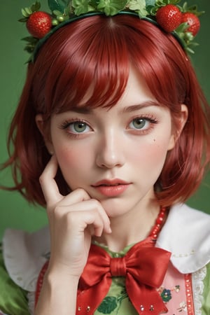 a detailed close-up captures a young woman, clad in a vibrant strawberry costume. her red hair is styled into a bob cut, accentuated by a crown adorned with green and white beads. the costume's apron features a large strawberry motif, adding a playful touch to the ensemble. the woman's eyes are painted a striking green, while her lips are a radiant pink. her hands rest on her chin, framing her face perfectly