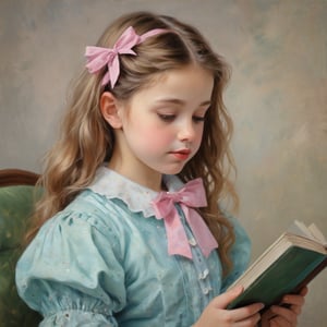 The image is a painting in an impressionist style, depicting a young girl with long, wavy, light brown hair adorned with a pink bow on the right side. She is shown in profile, facing to the left, and is dressed in a light blue, polka-dotted dress with a high collar. The girl appears to be engrossed in reading a book, which she holds in her right hand, her left hand resting on her lap. The background is a blurred, abstract mixture of greens and yellows, suggesting an outdoor setting with tall, grassy vegetation. The painting is executed in soft, blended brushstrokes, characteristic of impressionist art, which gives a gentle, dreamy quality to the image. The girl's expression is calm and focused, her eyes looking down at the book. The overall mood of the painting is serene and contemplative, capturing a quiet moment of reading and reflection. The texture of the painting is smooth and rich, with a soft, luminous quality that enhances the impressionistic style.