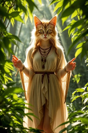 A lifelike catgirl hybrid stands amidst the serene forest's depths, her radiant aura drawing attention to her alluring presence. Framed by a canopy of lush greenery, she wears a flowing nature-inspired tunic that complements her fluffy fur, with subtle feline claws adorning her hands. Her eyes aglow with whimsy and mischief, she seems to be savoring the tranquility of her surroundings.