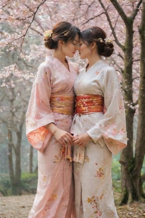 In a whimsical, misty forest glade, amidst towering cherry blossom trees, two ravishing Yuki- Menoke harem ladies, donning intricately embroidered kimonos, share a passionate kiss. Soft, ethereal light bathes the scene, with golden hues casting a warm glow on their faces. The composition focuses on the tender moment, with lush foliage and delicate petals framing the couple's embrace.