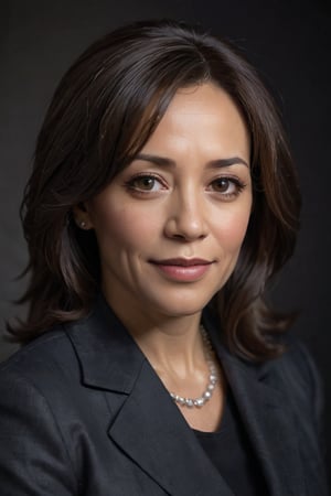 Kamala Harris, Vice President of the United States, exudes confident elegance in a medium shot against a dark background. Soft box lighting creates a flattering glow on her mature beauty, accentuating her silver fox hair and natural makeup. Her direct eye contact and subtle smile convey approachability and seriousness. A high-end camera captures her portrait with an 80mm lens at f/1.4, producing a shallow depth of field and film grain texture. The Canon EOS 5DS R, ISO 100, and 6x7cm medium format film ensure natural skin tones and color accuracy. No retouching or graphics are applied, allowing her mature presence to shine.