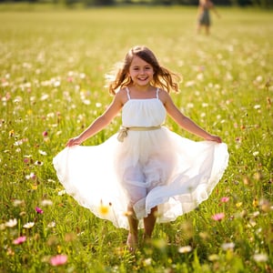 In a warm, sun-kissed meadow, a young girl twirls with abandon, surrounded by a tapestry of wildflowers swaying gently in the breeze. Her flowing, white dress billows behind her like a cloud, as she wears a radiant, charming smile that lights up the entire scene. The soft focus and dreamy quality evoke the Impressionist style of Pierre-Auguste Renoir or Berthe Morisot.,aidmaNSWFunlock