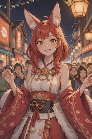Generate the image of an engaging and vivacious cosplayer dressed in a colorful traditional Japanese outfit, personifying the charming and mystical fox spirit. She stands against a soft, warm glow, illuminating her radiant smile amidst a crowd of excited attendees at a festive event. Her intricate fox crop and red fox ears add to the enchantment, making it impossible to take your eyes off her captivating aura.,1girl