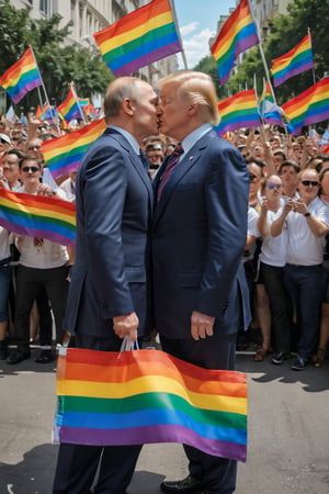 Trump and Putin kissing while waving rainbow flags on a pride walk, featured in a campy gay propaganda poster
