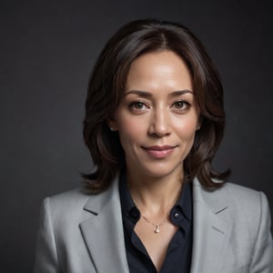 Kamala Harris, Vice President of the United States, exudes confident elegance in a medium shot against a dark background. Soft box lighting creates a flattering glow on her mature beauty, accentuating her silver fox hair and natural makeup. Her direct eye contact and subtle smile convey approachability and seriousness. A high-end camera captures her portrait with an 80mm lens at f/1.4, producing a shallow depth of field and film grain texture. The Canon EOS 5DS R, ISO 100, and 6x7cm medium format film ensure natural skin tones and color accuracy. No retouching or graphics are applied, allowing her mature presence to shine.