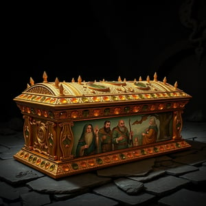 In this photorealistic image, a gold sarcophagus stands imposingly against a dark, foreboding background, its surface adorned with intricate details. Rose cut citrines glint in the dim light, complemented by willow-shaped decorations and bands of octagon cut citrines and cushion diorite cabochons that seem to shimmer like jewels. Spike-like protrusions made of diorite jut out from the sarcophagus, adding a sense of menace to the piece.


The gold sarcophagus, adorned with exceptional craftsmanship, lies before you. Rose cut citrines encrust its surface, complemented by willow-shaped decorations and bands of octagon cut citrines and cushion diorite cabochons. The sarcophagus menaces with spikes of diorite, adding a sense of foreboding to the piece.

A depicted scene on the sarcophagus portrays Stukos Mazewound, a dwarf, ascending to the position of baroness of The Glad Lash in 194. Surrounded by fellow dwarves, this artwork symbolizes a significant milestone for the community.

Another image on the sarcophagus captures Edëm Towerpaint, another dwarf, weeping over the destruction of her masterful pig tail cloak. The cloak had been created for The Tomb of Squeezing at Zedotkol and was destroyed in early spring of 290 by an unknown creature. This artwork serves as a tribute to lost artistry and serves as a reminder of the transient nature of creative works.
