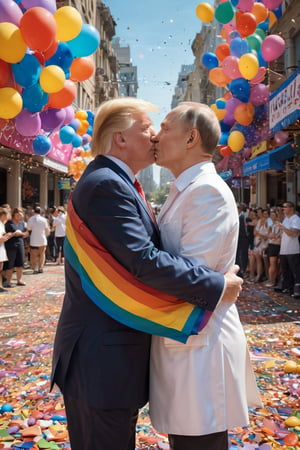 A splash of technicolor hues fills the frame as Trump and Putin share a tender kiss amidst a sea of colorful confetti. Both figures proudly wave rainbow flags, their faces aglow with joy. Against a vibrant cityscape backdrop, they stand center-stage at a Pride walk, surrounded by a kaleidoscope of balloons and banners. A cheeky slogan reads: 'Love is Love, no matter who you're kissing'.