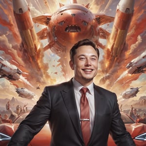 Elon Musk, radiant in a gleaming suit, stands triumphantly amidst a sea of gleaming metallic hues, surrounded by soaring SpaceX rockets and sleek Tesla cars. A triumphant smile spreads across his face as he raises a fist in victory, against a backdrop of bold, red-and-gold stripes. The artwork's composition is reminiscent of classic propaganda posters, with the added twist of playful humor.