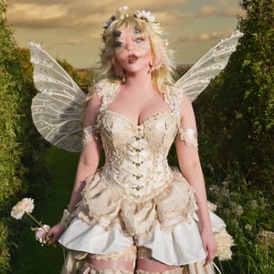 A woman, standing, posing, standing on grass, flower bushes either side of her, pose, blonde hair, fluffy blonde hair, long hair, intricate details, intricate styled hair, outdoors, sunlight, sun, cream beige white coloured corset bodice, detailed corset, cream beige white outfit, flowers on dress details, two parts of dress fabric at the side, beige white cream layered fabric leg warmers, flower details, holding a parisol that matches her outfit