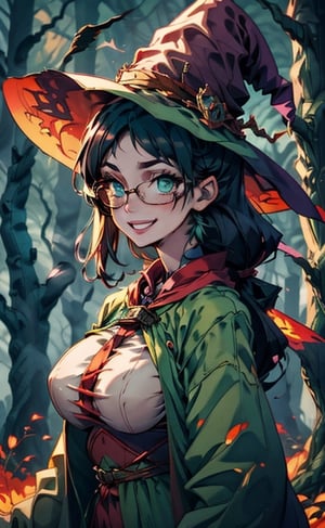 girl, bufon, witch_hat, witch_costume, dark forest, fantasmagoric, midnight, lighting, ravens on trees, creepy trees, big boobs, crazy smile, green eyes