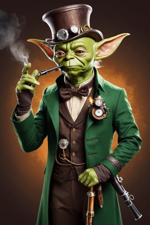 space, goblin, star wars, imperial_mustache, Cane vintage on right hand, monocle, steampunk_suit, midget, green_skin, smoking_pipe,