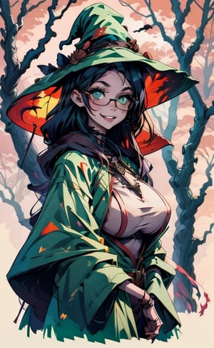 girl, bufon, witch_hat, witch_costume, dark forest, fantasmagoric, midnight, lighting, ravens on trees, creepy trees, big boobs, crazy smile, green eyes