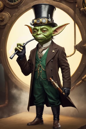 space, goblin, star wars, imperial_mustache, Cane vintage on right hand, monocle, steampunk_suit, midget, green_skin, smoking_pipe,