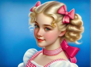 realistic, portrait of a young woman, two pigtails, ((volume blonde wave hair)), defined waves, medium hair worn in side pigtails with pink bows, analog film still, candy candy character, (girl with freckles), large green eyes, 19th century dress,  prairie background ,Extremely Realistic