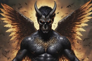 Create a realistic photo of Prince of hell Baal-Zebul, is the Fallen Angel of flies, pestilence and famine. He is one of the Seven Princes of Hell and the leader of the powers of the air. Originally a Seraphim, he is currently one of the supreme leaders of Hell. Beelzebub most often appears as a massive fly of unknown species with human-like skulls tattooed on his wings and a crown on top of his head. But being a demon, he has the ability to choose a different form. In his human form, he is covered in black aura and is surrounded by flies. .Sharp focus, high detailed ,background of hell.,,more detail XL