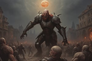 create a giant titan trampling on the people in old city, middle age times, Huge Humanoid bode, oversized hands, wearin heavy armor, enraged on humanity, sharp deformed face.photo takem from human perspective. background of old city, blood moon. dramatic lighting, sharp focus.,monster,more detail XL,painting by jakub rozalski,science fiction,HellAI