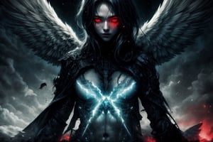  create fallen archangel,detailed angel wins, bloodlust, red glowy eyes, eerie, creepy, nightmarish, very bright colors, light particles, wallpaper art, cosmic energy,high detailed, 