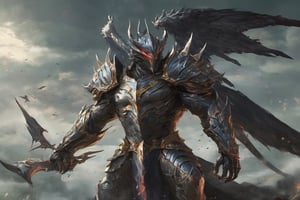 Create a realistic photo of Prince of hell leviathan. Leviathan spreads his wings, totaling eight wings in total, showing that Leviathan is above the Seraphim who have six wings, but still below the True Archangels who have twelve wings. Leviathan clads himself in armor made from the scales of a primordial monster, tougher than diamond and adamant. The armor covers his entire body, with the exception of his head. .Sharp focus, high detailed ,background of hell.,flmngprsn,DonML1quidG0ldXL ,monster,more detail XL

in front of him was a small knight carrying a sword