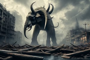  create a giant behemoth destroying old city, middle age times, elephant head, humanoid body,powerful humans-eating, river-dwelling beast with bones likened to bronze pipes and limbs likened to iron bars, photo takem from human perspective. background of destroyed city, dramatic lighting, sharp focusxyzabcplanets,Nature,FFIXBG