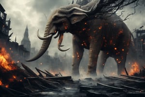  create a giant behemoth destroying old city, middle age times, elephant head, humanoid body,powerful humans-eating, river-dwelling beast with bones likened to bronze pipes and limbs likened to iron bars, photo takem from human perspective. background of destroyed city, dramatic lighting, sharp focusxyzabcplanets,Nature,FFIXBG