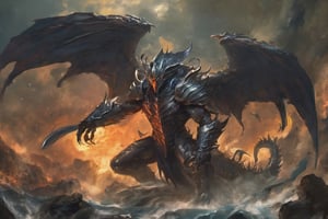 Create a realistic photo of Prince of hell leviathan. Leviathan spreads his wings, totaling eight wings in total, showing that Leviathan is above the Seraphim who have six wings, but still below the True Archangels who have twelve wings. Leviathan clads himself in armor made from the scales of a primordial monster, tougher than diamond and adamant. The armor covers his entire body, with the exception of his head. .Sharp focus, high detailed ,background of hell.,flmngprsn,DonML1quidG0ldXL ,monster,more detail XL