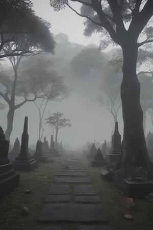 ILLUSTRATE THE ATMOSPHERE IN THE INDONESIAN BURIAL GROUND, foggy, detailmaster2, intricate detail, best quality, cinematic, black and gray gradient, foggy, realistic, 8k, unreal machine, cinematic