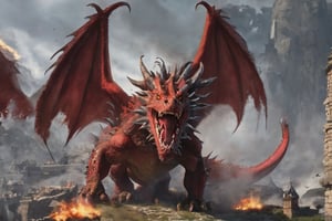 create a Huge red dragon who is destroying village. Dragon has dark red scales, detailed dragon,photo realistic, enrage, background village in flames and fear.,6000