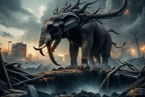  create a giant behemoth destroying old city, middle age times, elephant head, humanoid body,powerful humans-eating, river-dwelling beast with bones likened to bronze pipes and limbs likened to iron bars, photo takem from human perspective. background of destroyed city, dramatic lighting, sharp focusxyzabcplanets,Nature,FFIXBG