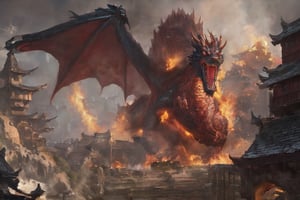 create a Huge red dragon who is destroying village. Dragon has dark red scales, detailed dragon,photo realistic, enrage, background village in flames and fear.,6000