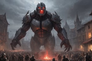  create a giant titan trampling on the people in old city, middle age times, Huge Humanoid bode, oversized hands, wearin heavy armor, enraged on humanity, sharp deformed face.photo takem from human perspective. background of old city, blood moon. dramatic lighting, sharp focus.,monster,more detail XL,painting by jakub rozalski,science fiction