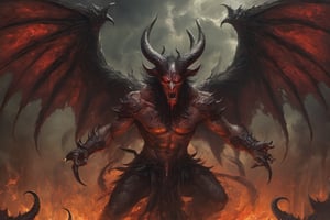 Create a realistic photo of Prince of hell Satan,a grotesque, winged creature with three faces—each chewing on a devious sinner—whose wings blew freezing cold winds throughout Hell's domain. .Sharp focus, high detailed ,background of hell.,,more detail XL