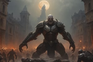  create a giant titan trampling on the people in old city, middle age times, Huge Humanoid bode, oversized hands, wearin heavy armor, enraged on humanity, sharp deformed face.photo takem from human perspective. background of old city, blood moon. dramatic lighting, sharp focus.,monster,more detail XL,painting by jakub rozalski,science fiction,HellAI