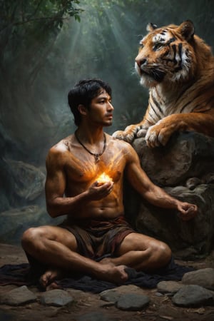 "Generate a captivating scene showcasing the spiritual talent of transforming into a tiger through 'cindaku.' Illustrate the moment of pressing chests against the homeland, with a magical glow surrounding the person as they shift into the powerful form of a tiger."