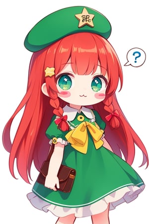 !?, 1girl, :3, :>, ?, ??, blush stickers, bow, braid, chibi, confused, hat, hat ornament, hong meiling, long hair, o o, puffy short sleeves, puffy sleeves, red hair, short sleeves, simple background, sleepy, solid circle eyes, solo, spoken question mark, star \(symbol\), star hat ornament, twin braids,a cartoon girl with a green hat and green dress and question marks on her head, and a green purse, Ay-O, kawaii, an anime drawing, superflat