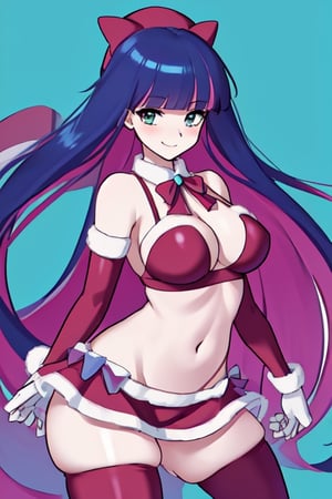 a cartoon picture of a anarchy stocking in a santa outfit with horns and gloves on her head and a red bow tie, Fan Qi, sakimi chan, a detailed drawing, dau-al-set,1girl, antlers, aqua background, artist name, bare shoulders, bell, bikini, blue background, blush, bow, bowtie, breasts, christmas, christmas ornaments, elbow gloves, eyebrows visible through hair, fur-trimmed dress, fur-trimmed gloves, fur-trimmed headwear, fur-trimmed legwear, fur-trimmed skirt, fur-trimmed sleeves, fur trim, gloves, hat, himekaidou hatate, holding sack, holly, large breasts, long hair, looking at viewer, merry christmas, navel, pointy ears, pom pom \(clothes\), red bikini, red bow, red bowtie, red gloves, red panties, red ribbon, sack, santa bikini, santa boots, santa costume, santa dress, santa gloves, santa hat, smile, solo, thighhighs, thighs, twintails, very long hair,High-res, impeccable composition, lifelike details, perfect proportions, stunning colors, captivating lighting, interesting subjects, creative angle, attractive background, well-timed moment, intentional focus, balanced editing, harmonious colors, contemporary aesthetics, handcrafted with precision, vivid emotions, joyful impact, exceptional quality, powerful message, in Raphael style, unreal engine 5,octane render,isometric,beautiful detailed eyes,super detailed face and eyes and clothes,More Detail,anarchy stocking,<lora:659111690174031528:1.0>