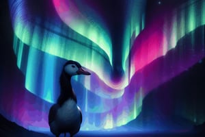 A silhouette of a goose, admiring aurora borealis| deep space