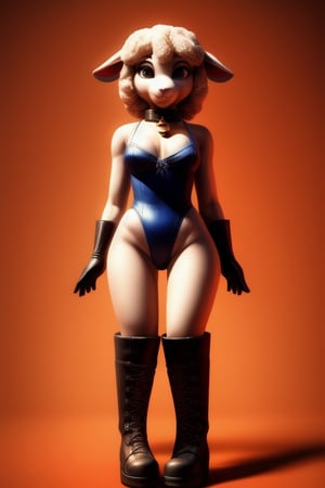 "Create a sultry anthropomorphic sheep character in a white leotard and black boots, with white hair, black eyes and gloves, a bell collar, and beautiful, detailed legs. She stands solo on an orange background, embodying, High-res, impeccable composition, lifelike details, perfect proportions, stunning colors, captivating lighting, interesting subjects, creative angle, attractive background, well-timed moment, intentional focus, balanced editing, harmonious colors, contemporary aesthetics, handcrafted with precision, vivid emotions, joyful impact, exceptional quality, powerful message, in Raphael style, unreal engine 5,octane render,isometric,beautiful detailed eyes,super detailed face and eyes and clothes
