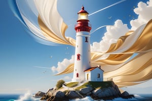 Take a deep breath and let's work step by step on this problem.lighthouse at the cost, silk enamel, silk, blue, white and gold, cream background
, creative angle, attractive background, well-timed moment, intentional focus, balanced editing, harmonious colors, contemporary aesthetics, handcrafted with precision, vivid emotions, joyful impact, exceptional quality, powerful message, in Raphael style, unreal engine 5,octane render,isometric,beautiful detailed eyes,super detailed
,More Detail,more detail XL