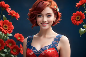 Take a deep breath and let's work step by step on this problem.expert consistency, Beautiful smiling woman with short red asymmetrical hair and blue eyes, red lace dress, feminine body, flowers in a dark background, in the style of hannah flowers, calming and introspective aesthetic, classic japanese simplicity, creative angle, attractive background, well-timed moment, intentional focus, balanced editing, harmonious colors, contemporary aesthetics, handcrafted with precision, vivid emotions, joyful impact, exceptional quality, powerful message, in Raphael style, unreal engine 5,octane render,isometric,beautiful detailed eyes,super detailed
,More Detail,more detail XL