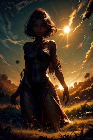 A regal queen, her ebony skin glistening in the golden sunlight, stands tall and proud amidst a sea of tall grasses on the African savannah.,High detailed ,<lora:659111690174031528:1.0>
