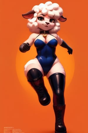 1girl, ears sheeps, black eyes, black gloves, black, collar, neck bell , legwear, black gloves, full body, gloves, looking at viewer, orange background, curly short hair, simple background, solo, standing, white hair, a cartoon character with in a white leotard and black boots on a orange background with, concept art, furry art, a cartoon sheep wearing in a white leotard and no stockings, color palette is dark orange, femme fatale, anthro, no watermark, the sheep has pink skin, twitter pfp, pinup girl, grumpy [ old ], bull, beautiful legs , fauns, bond girl, ermine, High-res, impeccable composition, lifelike details, perfect proportions, stunning colors, captivating lighting, interesting subjects, creative angle, attractive background, well-timed moment, intentional focus, balanced editing, harmonious colors, contemporary aesthetics, handcrafted with precision, vivid emotions, joyful impact, exceptional quality, powerful message, in Raphael style, unreal engine 5,octane render,isometric,beautiful detailed eyes,super detailed face and eyes and clothes
,More Detail