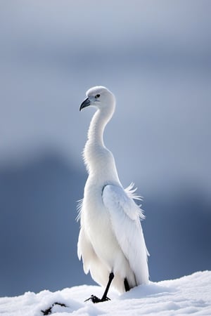 Tall image of a high-quality VHS image of a very tall ominous avian creature. It has a smooth bone-like avian skull with all-white eyes, a long neck and elongated body. The entirety of the body is covered in long, very fluffy all-white plumage that droops all the way to the floor that is almost robe-like in its coverage. We should not be able to distinguish wings or legs with how long the long fluffy plumage it has. It is standing on a high mountaintop with dense snow overlooking and expanse of snowy mountainous terrain and a cloudy gray sky.grimdark