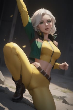 x-men evolution rogue (white caucasian female, brown and white hair, green eyes, sleeved yellow and green suit, yellow and green leggings, brown jacket up to her waist and elbows, knee-high yellow boots).High-res, , impeccable composition, lifelike details, perfect proportions, stunning colors, captivating lighting, interesting subjects, creative angle, attractive background, well-timed moment, intentional focus, balanced editing, harmonious colors, contemporary aesthetics, handcrafted with precision, vivid emotions, joyful impact, exceptional quality, powerful message, in Raphael style, unreal engine 5, octane render, isometric, beautiful detailed eyes, super detailed face and eyes and clothes,hmochako